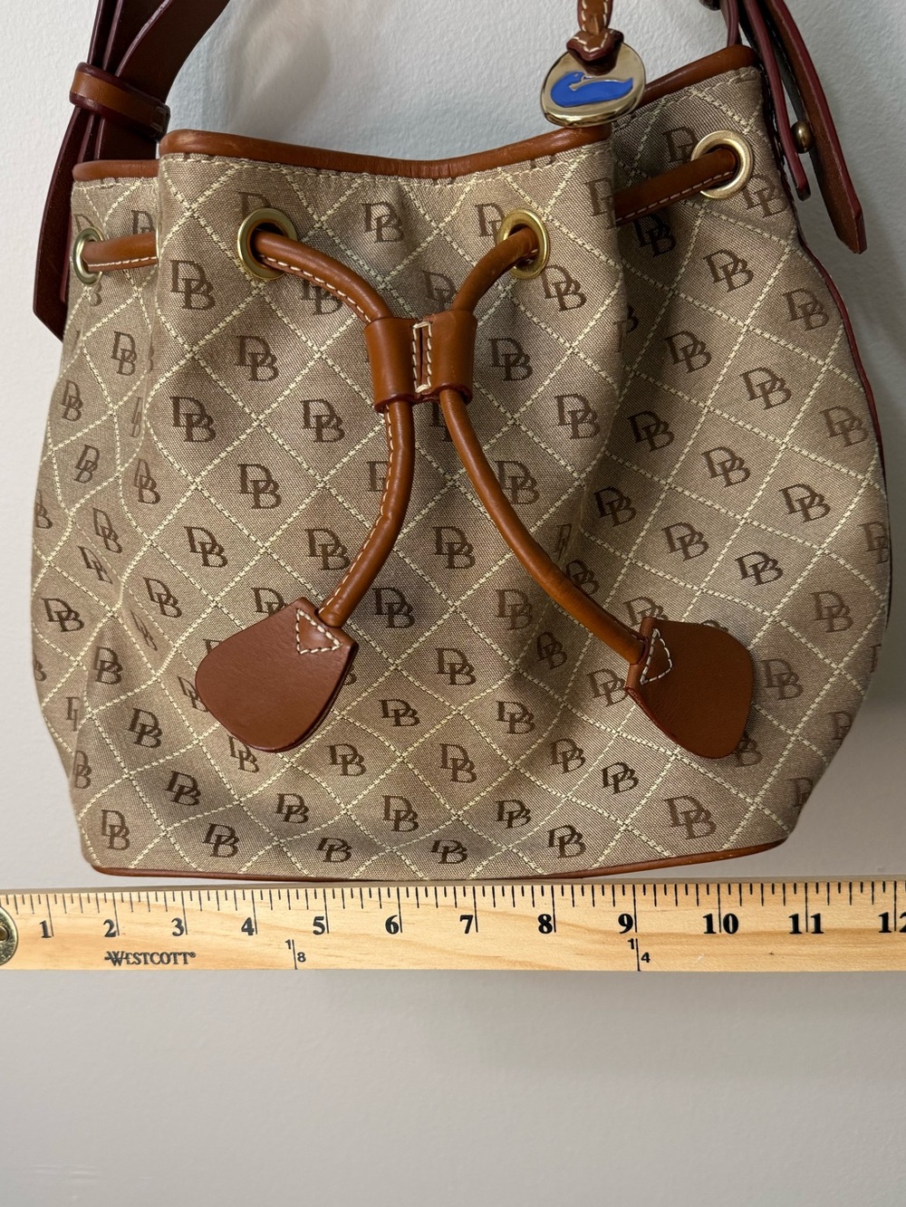 Dooney & Bourke DB Monogram Drawstring Bucket Bag Brown Tan Shoulder Purse - Picture 10 of 12
